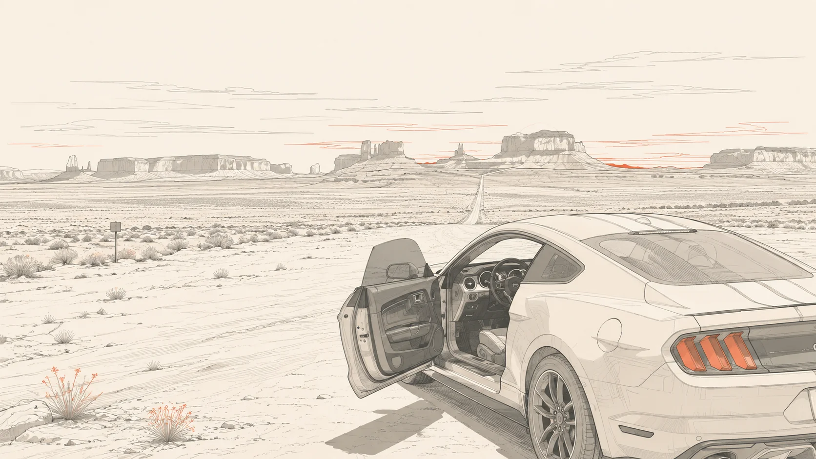 A fine-line drawing of an open desert road running straight to the horizon; a coupe waits at the roadside, door open.