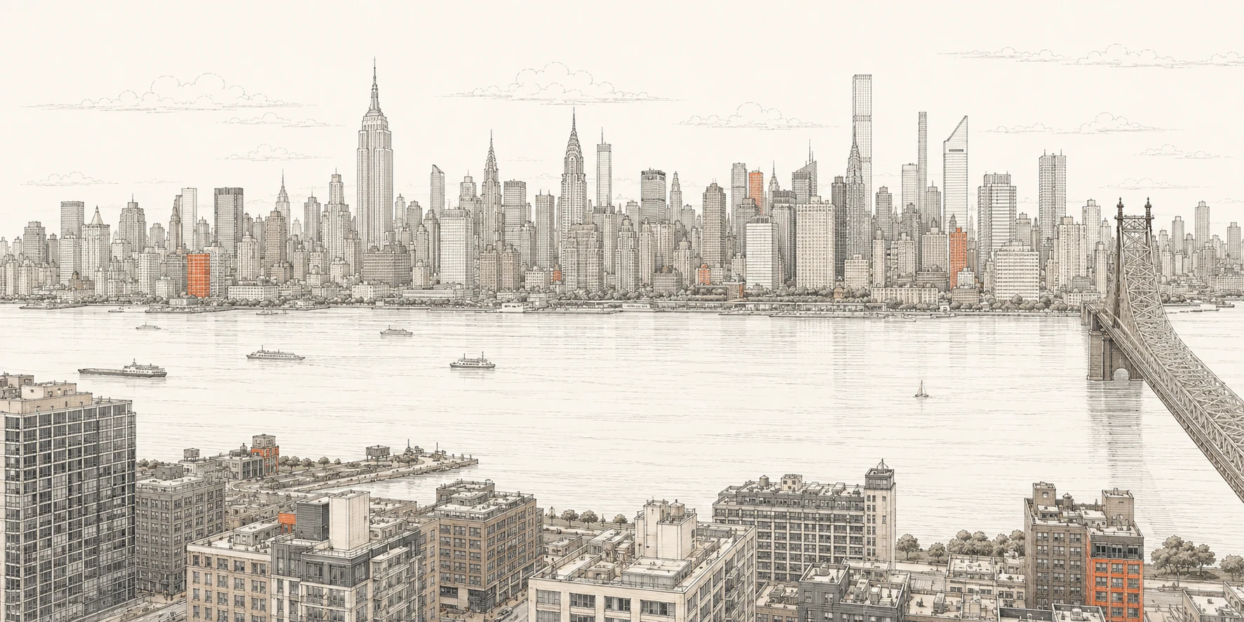 A fine-line drawing of the Manhattan skyline across the river.
